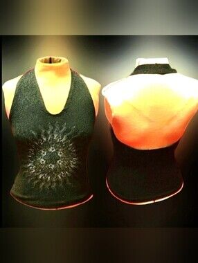 Vtg 90s VS blk silver glitter tribal flames Mandala sun graphics halter top L